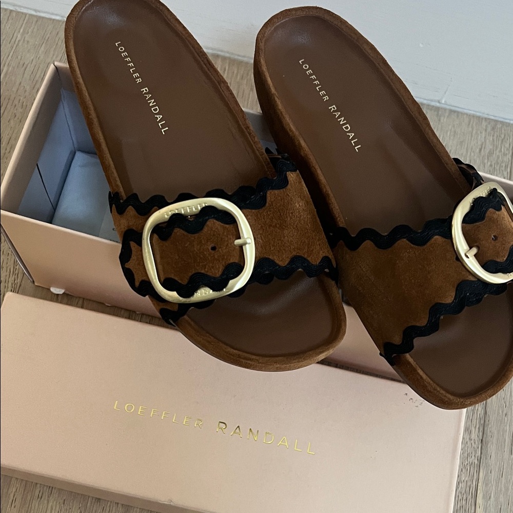 Loeffler Randall Brown Suede Slide Sandals with Gold Buckles and Black Trim